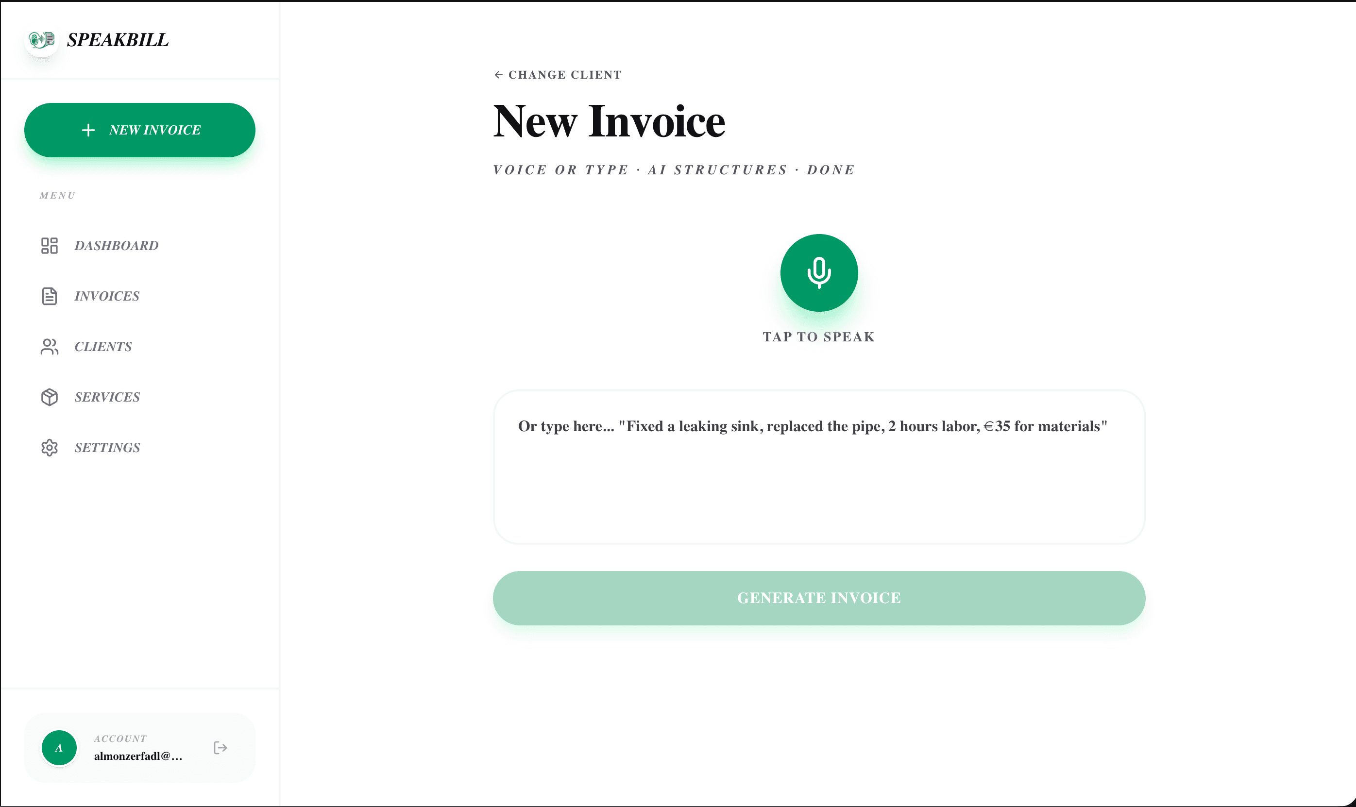 SpeakBill voice input screen