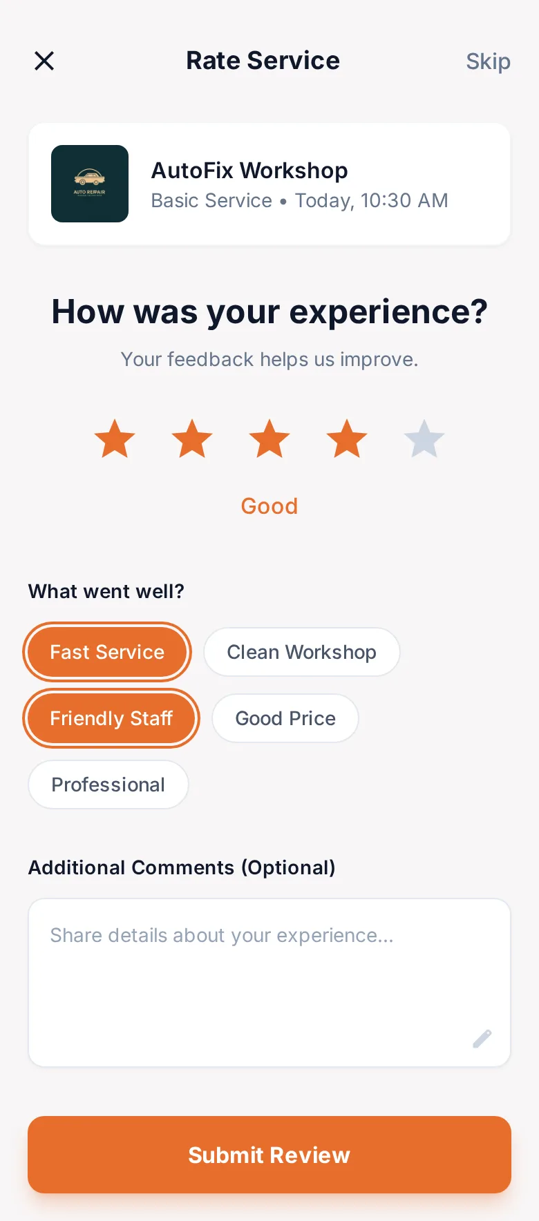 Gari Rating modal screen